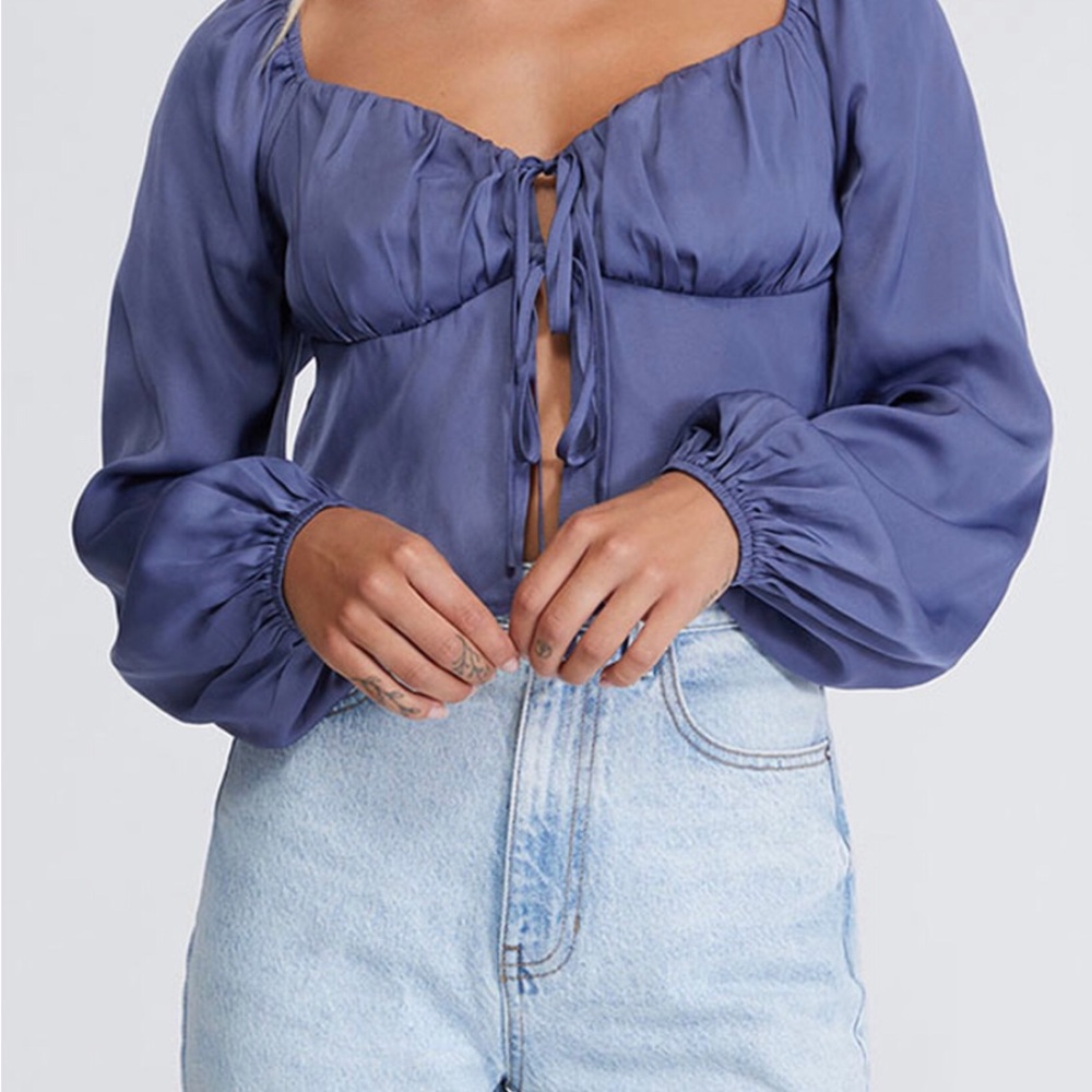 LA Hearts Tie Front Satin Long Sleeve Top